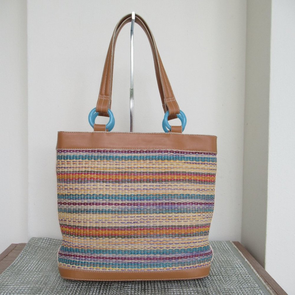 MAXX New York Faux Straw Purse Bag Tote Shoulder Bag Large Two Straps Multicolor